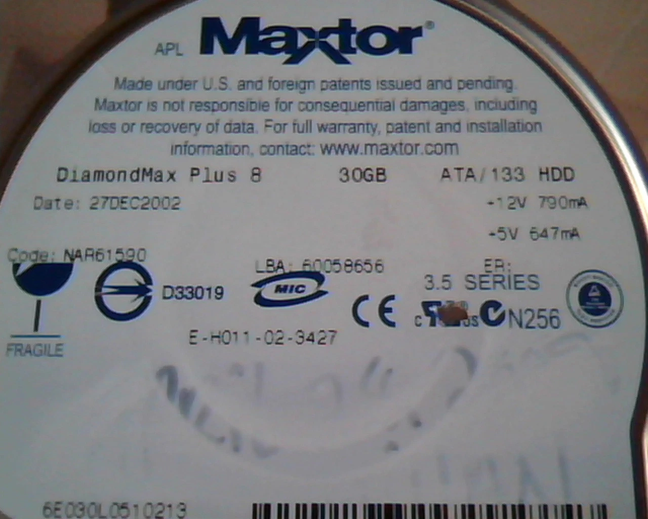 Hard Drive Disk IDE Maxtor DiamondMax Plus 8 30GB NAR61590 60058656 K,G,G,A - image 2