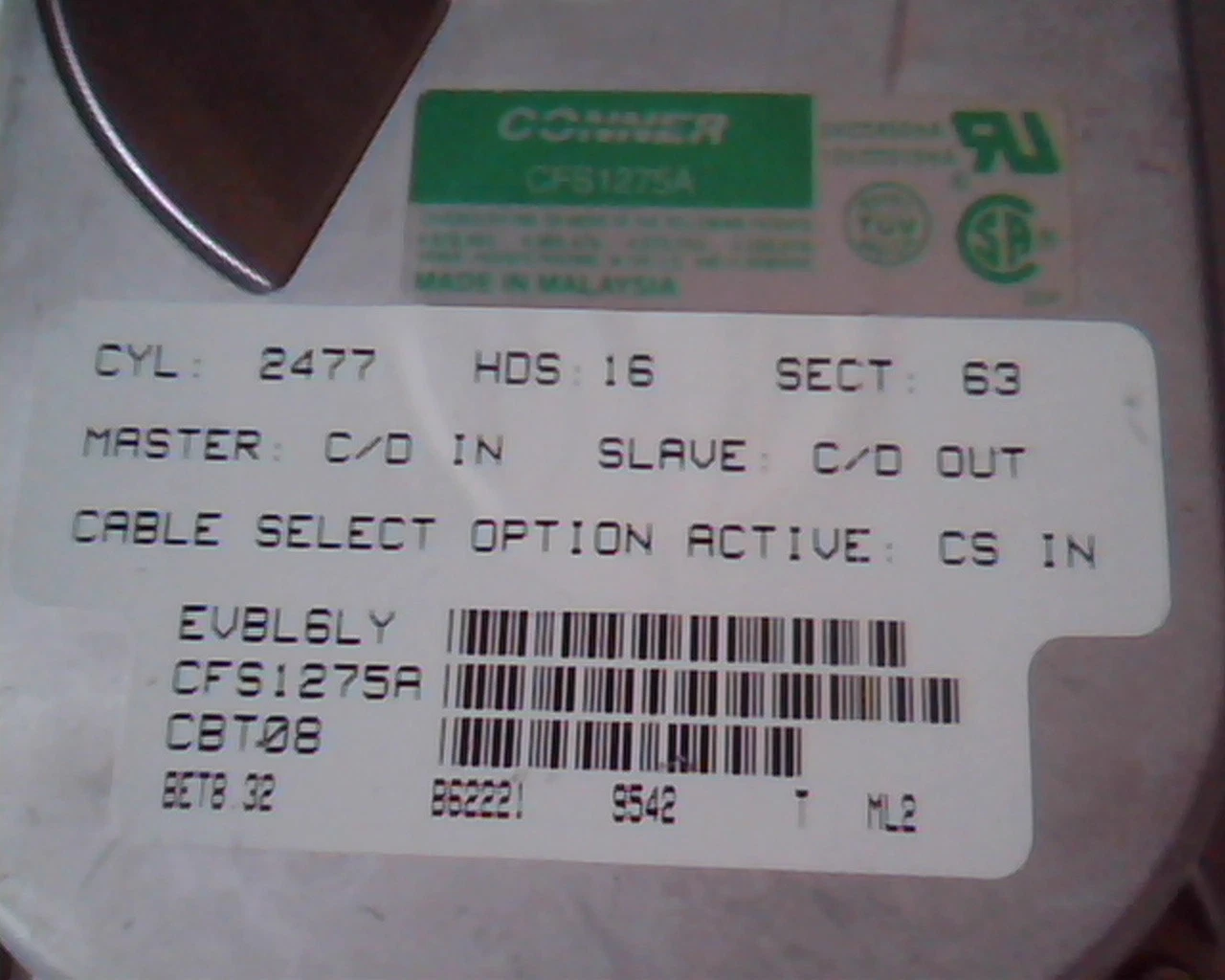 Hard Drive Disk IDE Conner CFS1275A BET8.32 37460-006 A EVBL6LY - image 2