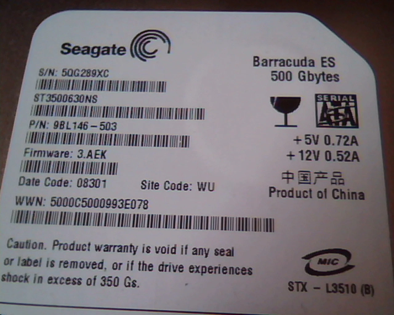 Hard Drive Disk SATA Seagate Barracuda ES 500GB ST3500630NS 9BL146-503 3.AEK WU - image 2