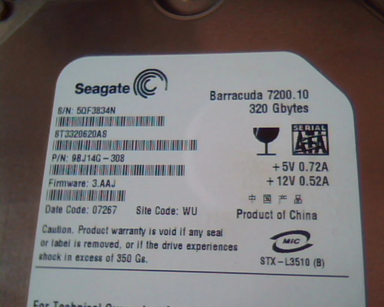 Hard Drive Disk SATA Seagate Barracuda 7200.10 320GB ST3320620AS 9BJ14G-308 - image 2