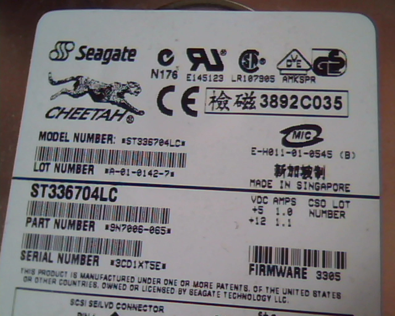 Hard Drive SCSI Seagate Cheetah ST336704LC 9N7006-065 3305 A-01-0142-7 SE/LVD - image 2