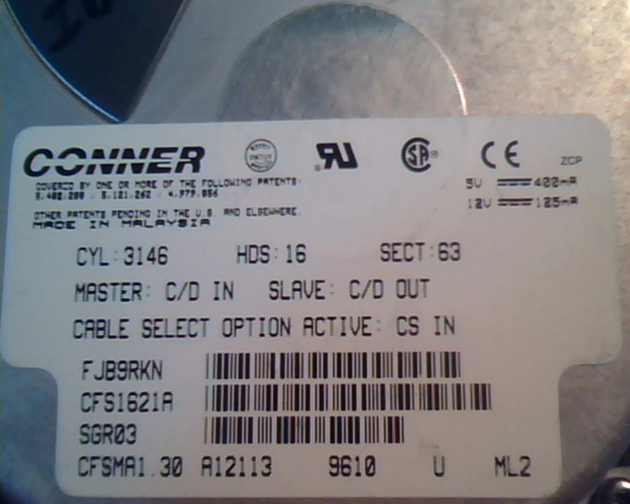 Hard Drive Disk IDE Conner CFS1621A FJB9RKN SGR03 CFSMA1.30 A12113 - image 2