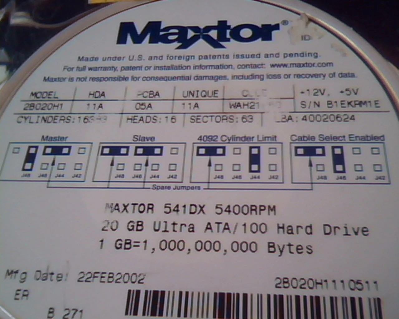 Hard Drive Disk IDE Maxtor 2B020H1 11A 05A 20GB ATA 541DX 40020624 - image 2