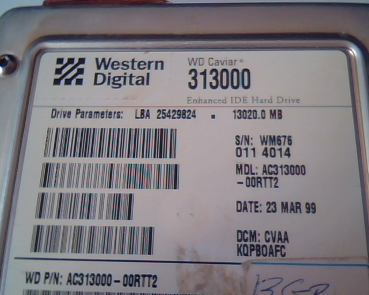 Hard Drive Disk IDE Western Digital Caviar 313000 AC313000-00RTT2 25429824 WD - image 2