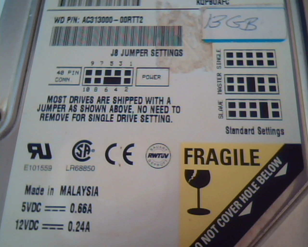 Hard Drive Disk IDE Western Digital Caviar 313000 AC313000-00RTT2 25429824 WD - image 3