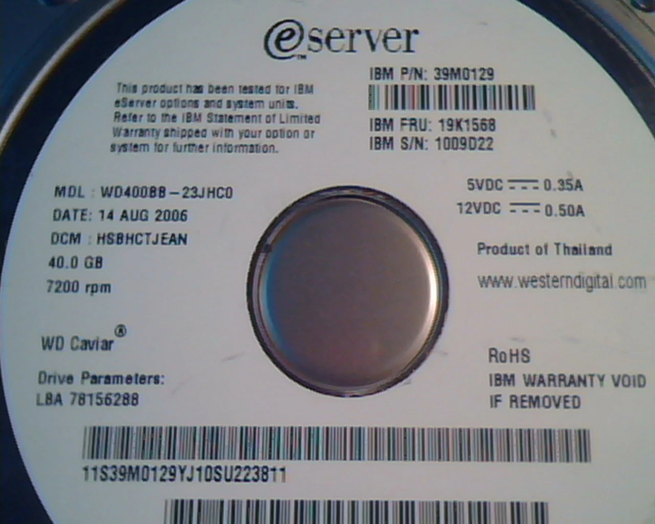 Hard Disk Drive IDE eserver WD400BB-23JHC0 40GB Western Digital IBM Caviar - image 2