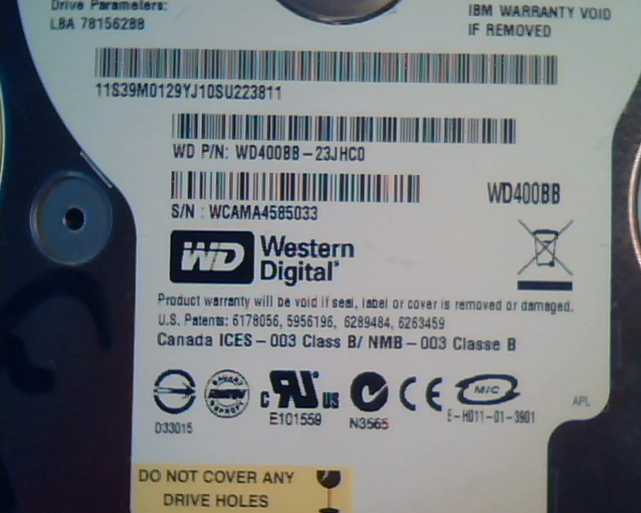 Hard Disk Drive IDE eserver WD400BB-23JHC0 40GB Western Digital IBM Caviar - image 3