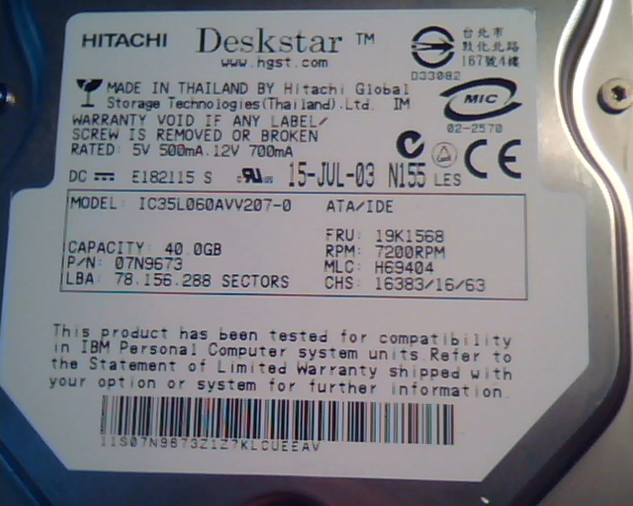 Hard Disk Drive IDE Hitachi Deskstar IC35L060AVV207-0 40GB 07N9673 H69404 - image 2
