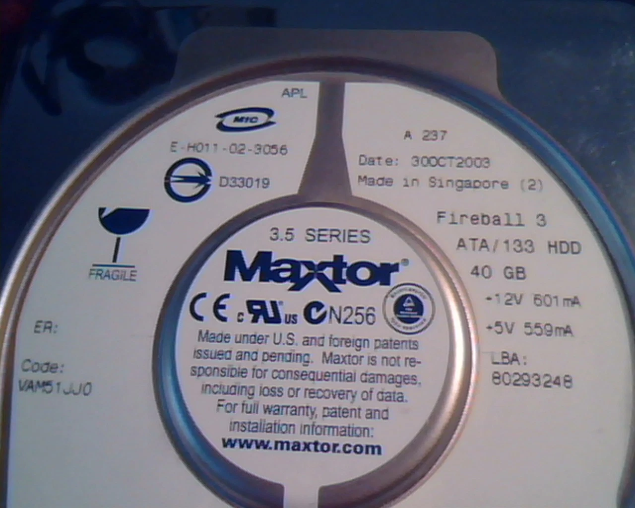Hard Disk Drive IDE Maxtor E-H011-02-3056 Fireball 3 40GB 5187-2128 MA2F040L0 - image 2