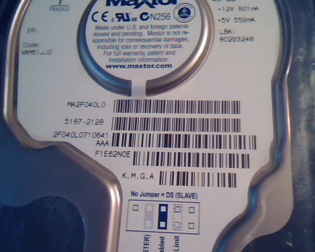Hard Disk Drive IDE Maxtor E-H011-02-3056 Fireball 3 40GB 5187-2128 MA2F040L0 - image 3