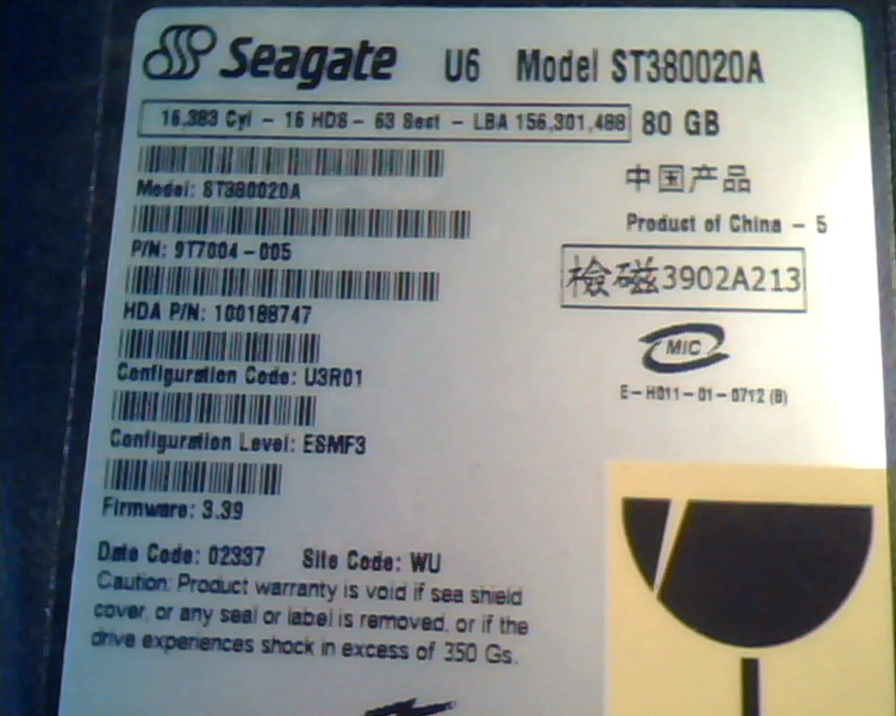 Hard Disk Drive IDE Seagate U6 St380020A 9T7004-005 100188747 E-H011-01-0712 - image 2
