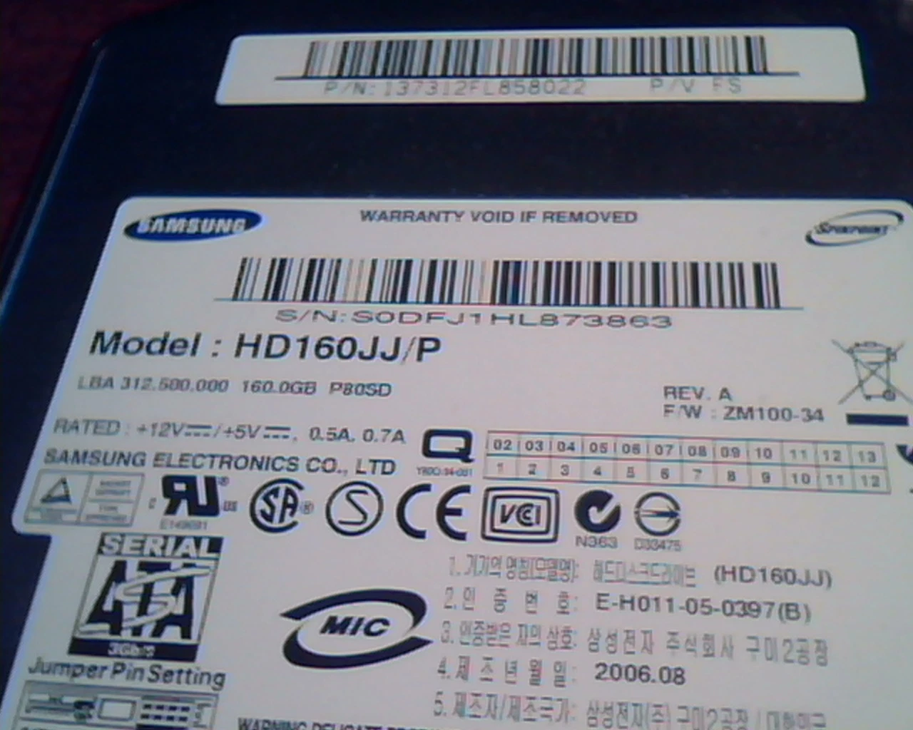 Hard Drive Disk SATA Samsung HD160JJ/P 160GB P80SD Spinpoint ZM100-34 Rev A - image 2