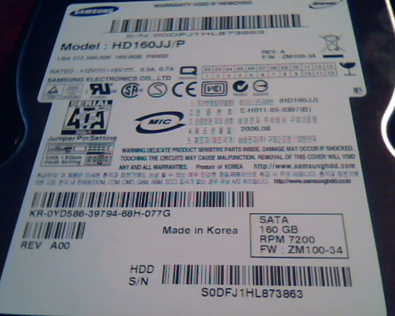 Hard Drive Disk SATA Samsung HD160JJ/P 160GB P80SD Spinpoint ZM100-34 Rev A - image 3