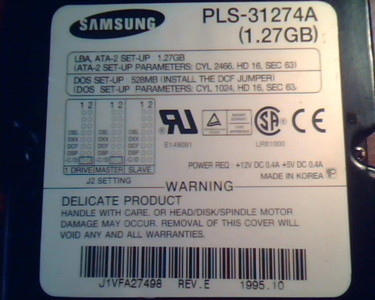 Hard Disk Drive IDE Samsung PLS-31274A 1.27GB Rev E 1995.10 J1VFA27498 - image 2
