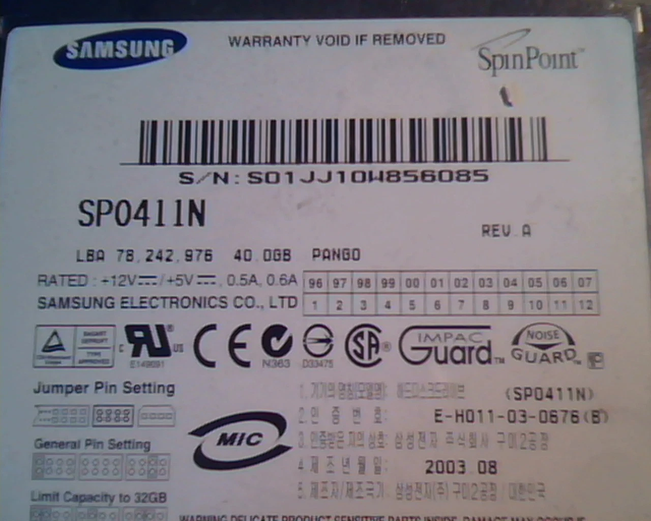 Hard Disk Drive IDE Samsung SpinPoint SP0411N E-H011-03-0676 (B) 2003.08 Rev A - image 2