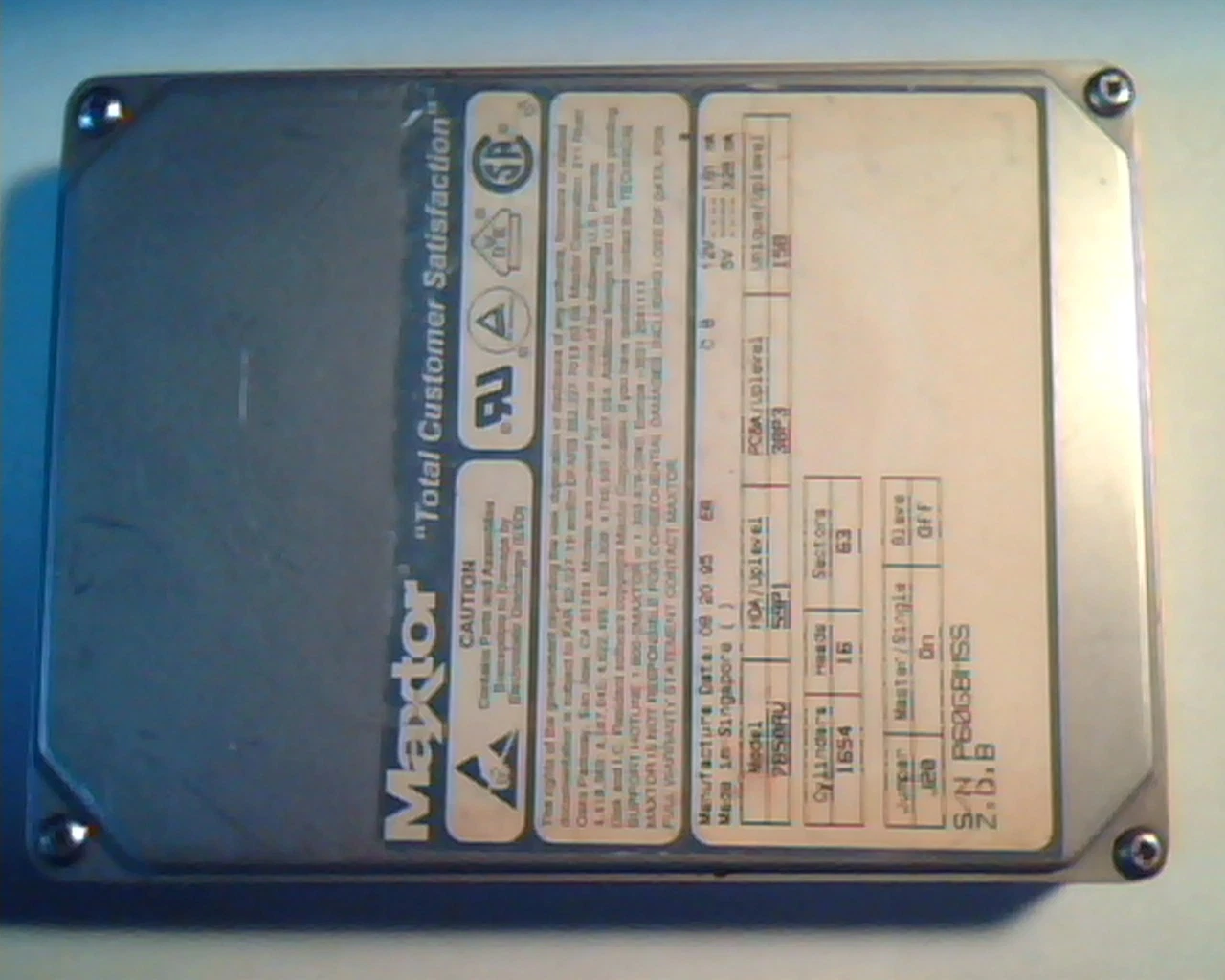Hard Disk Drive IDE Maxtor 7850AV 59P1 38P3 15B 08-20-95 EA Z,D,B