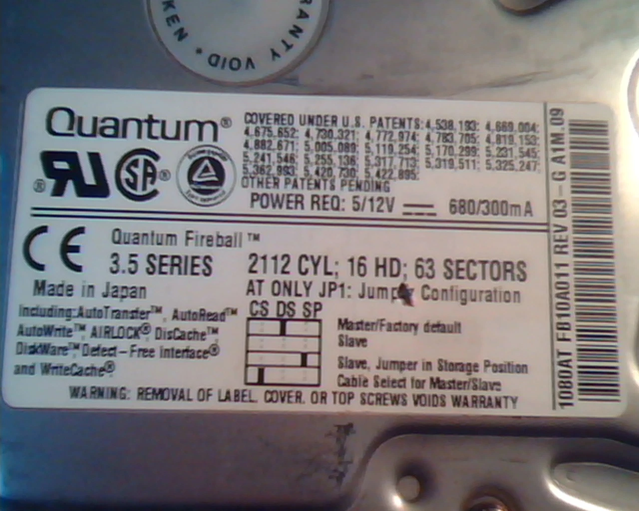 Hard Disk Drive IDE Quantum Fireball 1080AT FB10A011 Rev 03-G A1M.09 3.5 - image 2
