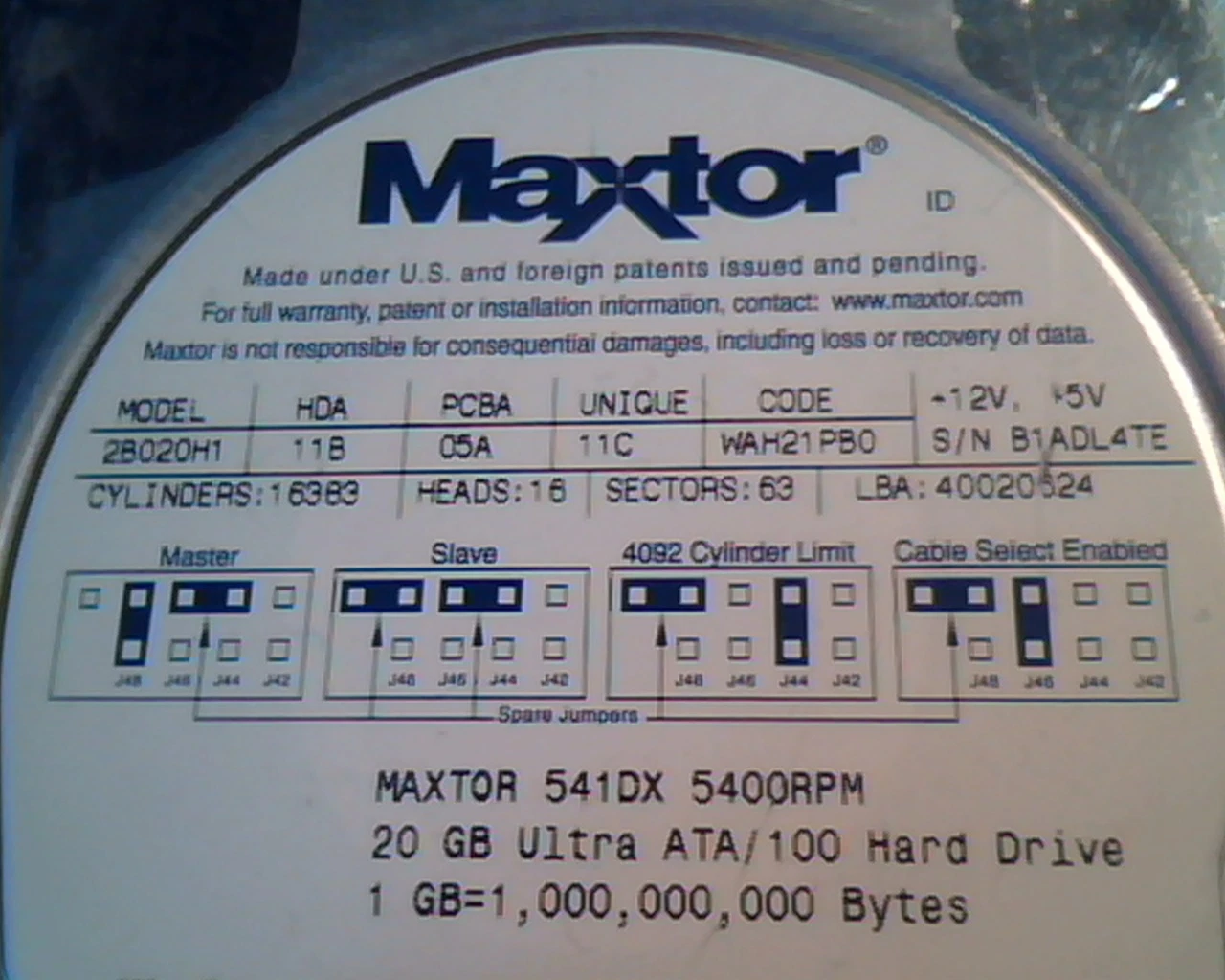 Hard Disk Drive IDE Maxtor 2B020H1 11B 05A 11C WAH21PB0 40020624 541DX 20GB 5400 - image 2