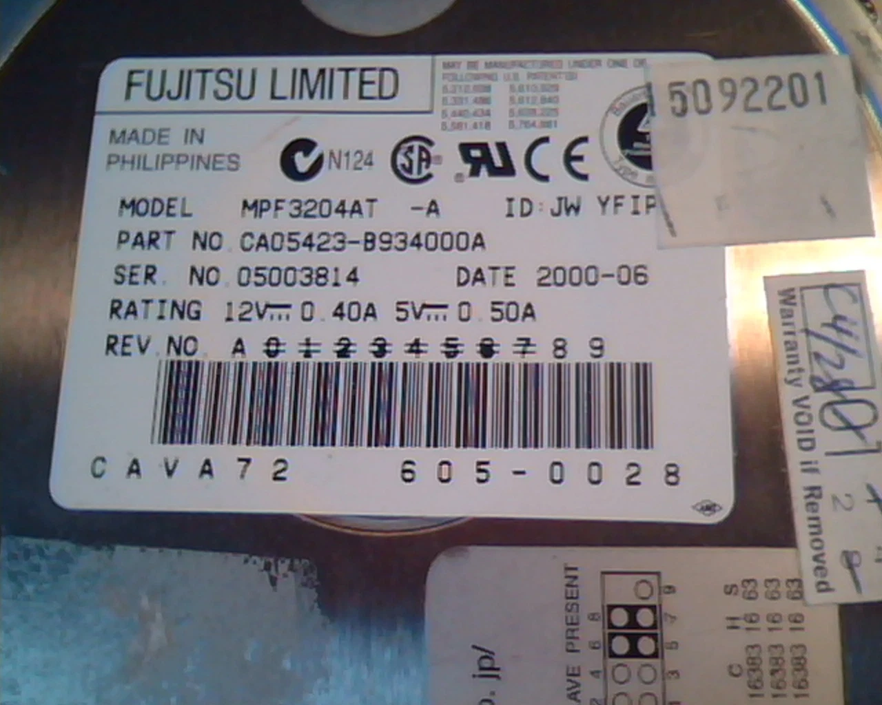 Hard Disk Drive IDE Fujitsu MPF3204AT CA05423-B934000A 2000-06 605-0028 - image 2