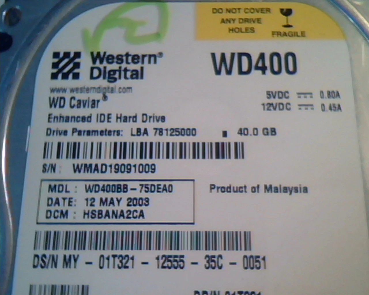 Hard Disk Drive IDE Western Digital Caviar WD400 WD400BB-75DEA0 HSBANA2CA 40GB - image 2