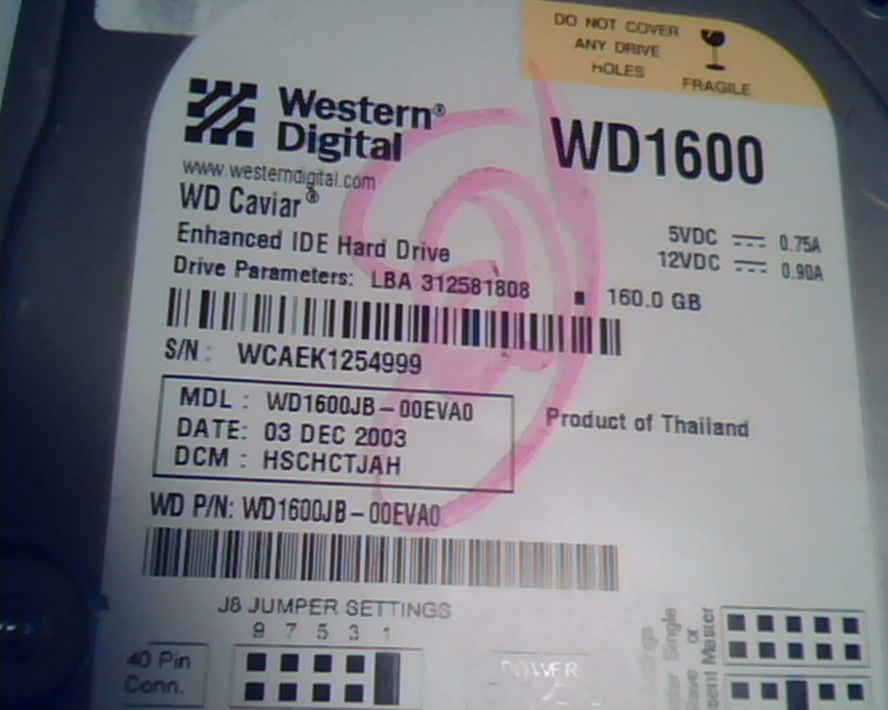 Hard Disk Drive IDE Western Digital Caviar WD1600 WD1600JB-00EVA0 HSCHCTJAH - image 2