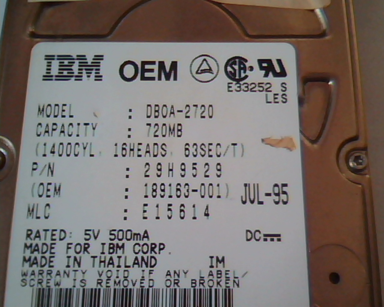 2.5 Hard Disk Drive IBM DBOA-2720 720MB 29H9529 E15614 189163-001 - image 2