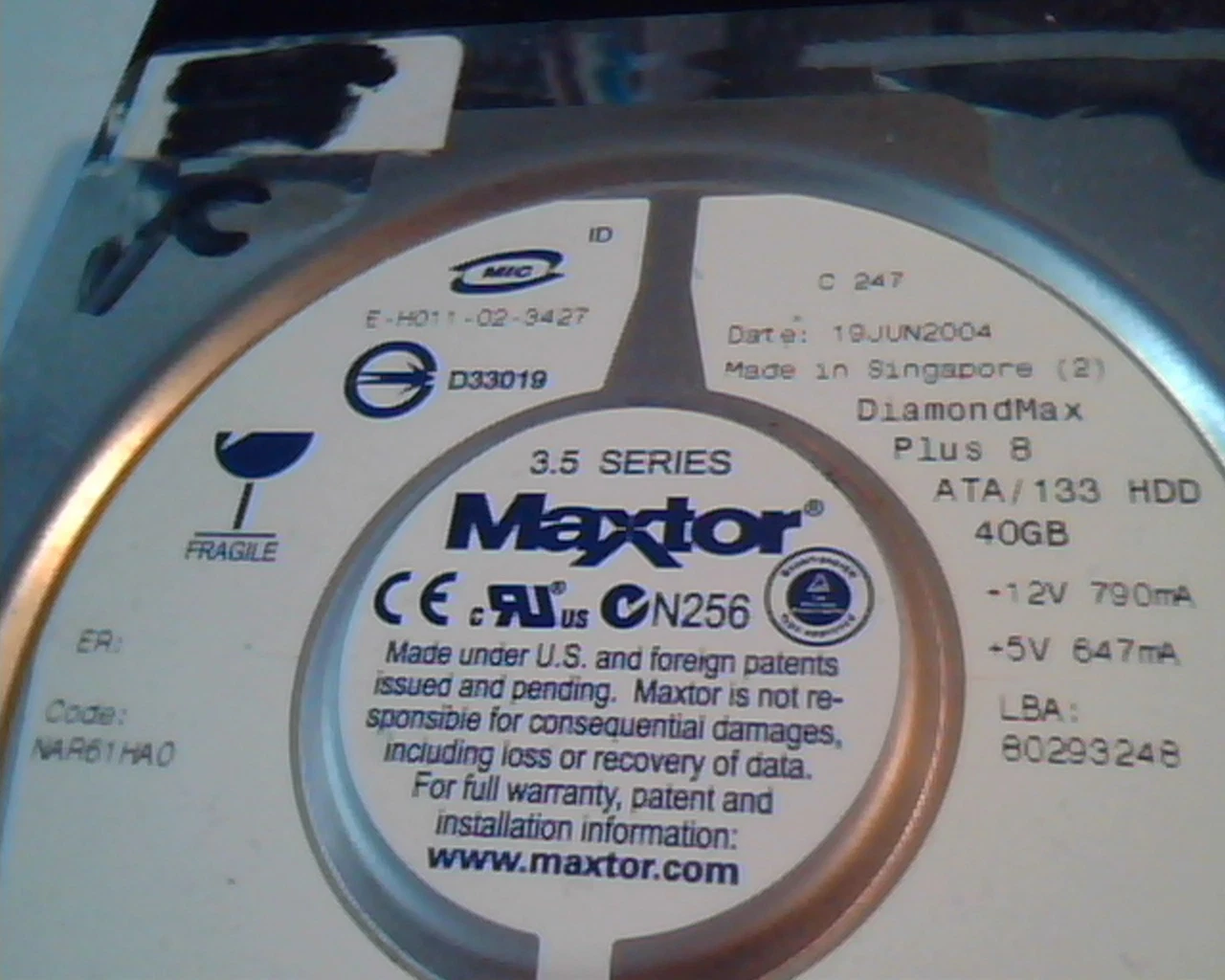Hard Disk Drive IDE Maxtor W-H011-02-3427 DiamondMax Plus 8 40GB NAR61HA0 - image 2