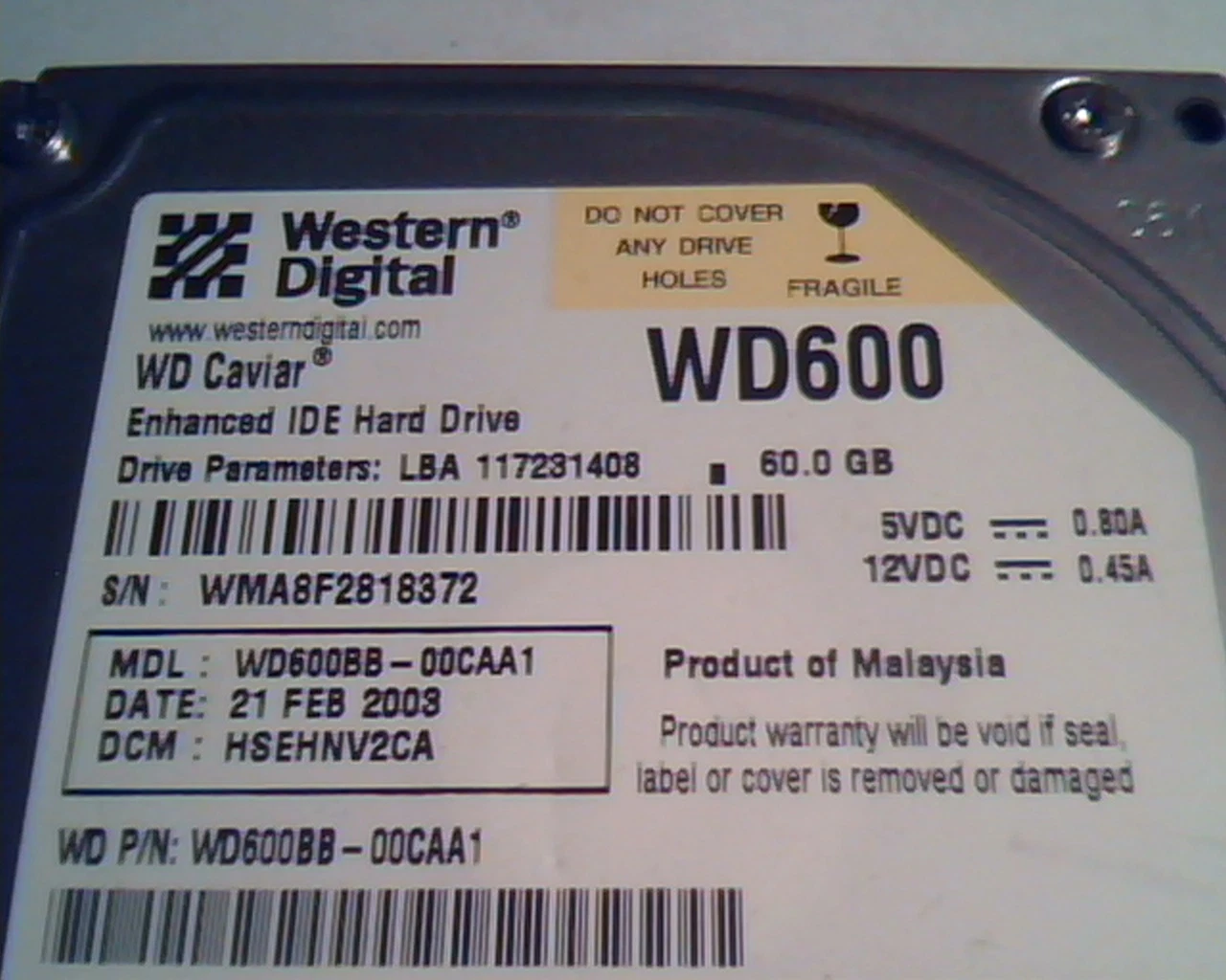Hard Disk Drive IDE Western Digital WD600 Caviar WD600BB-00CAA1 60GB HSEHNV2CA - image 2