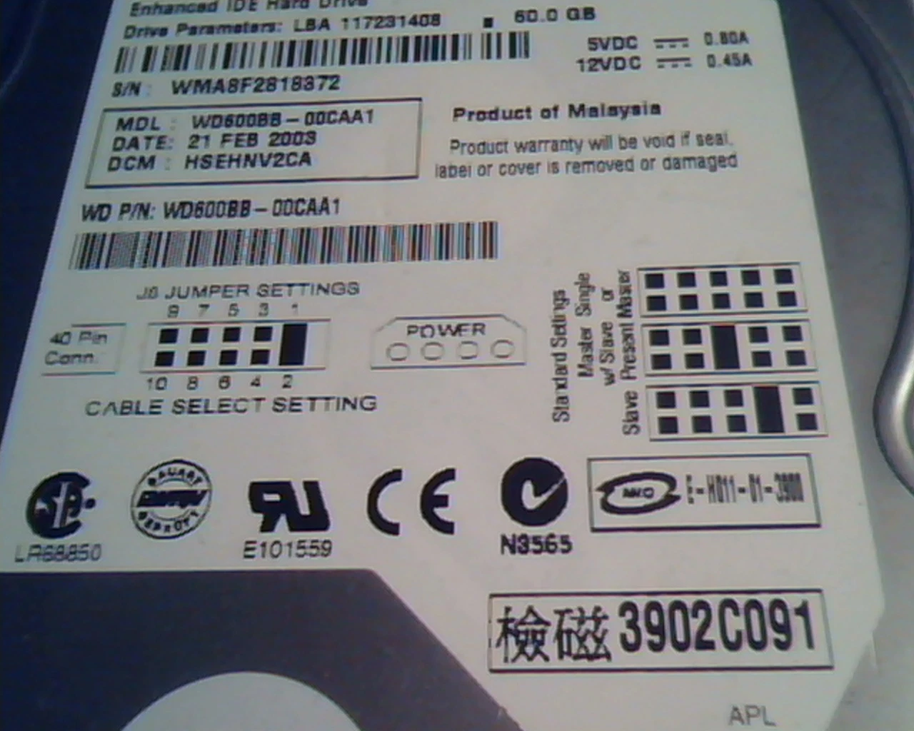 Hard Disk Drive IDE Western Digital WD600 Caviar WD600BB-00CAA1 60GB HSEHNV2CA - image 3
