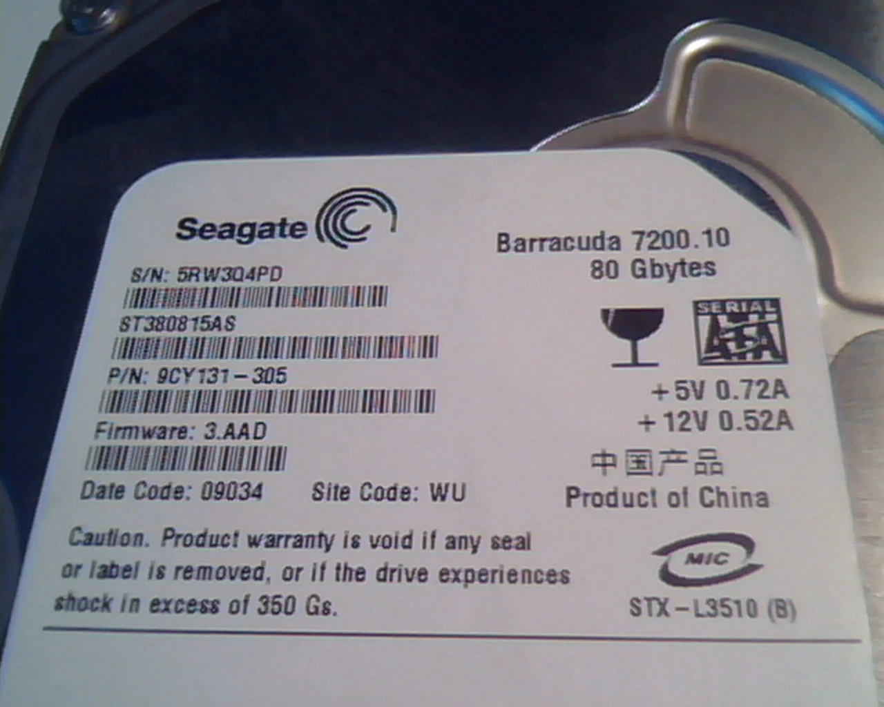 Hard Drive Disk SATA Seagate Barracuda 7200.10 80GB ST380815AS 9CY131-305 WU - image 2