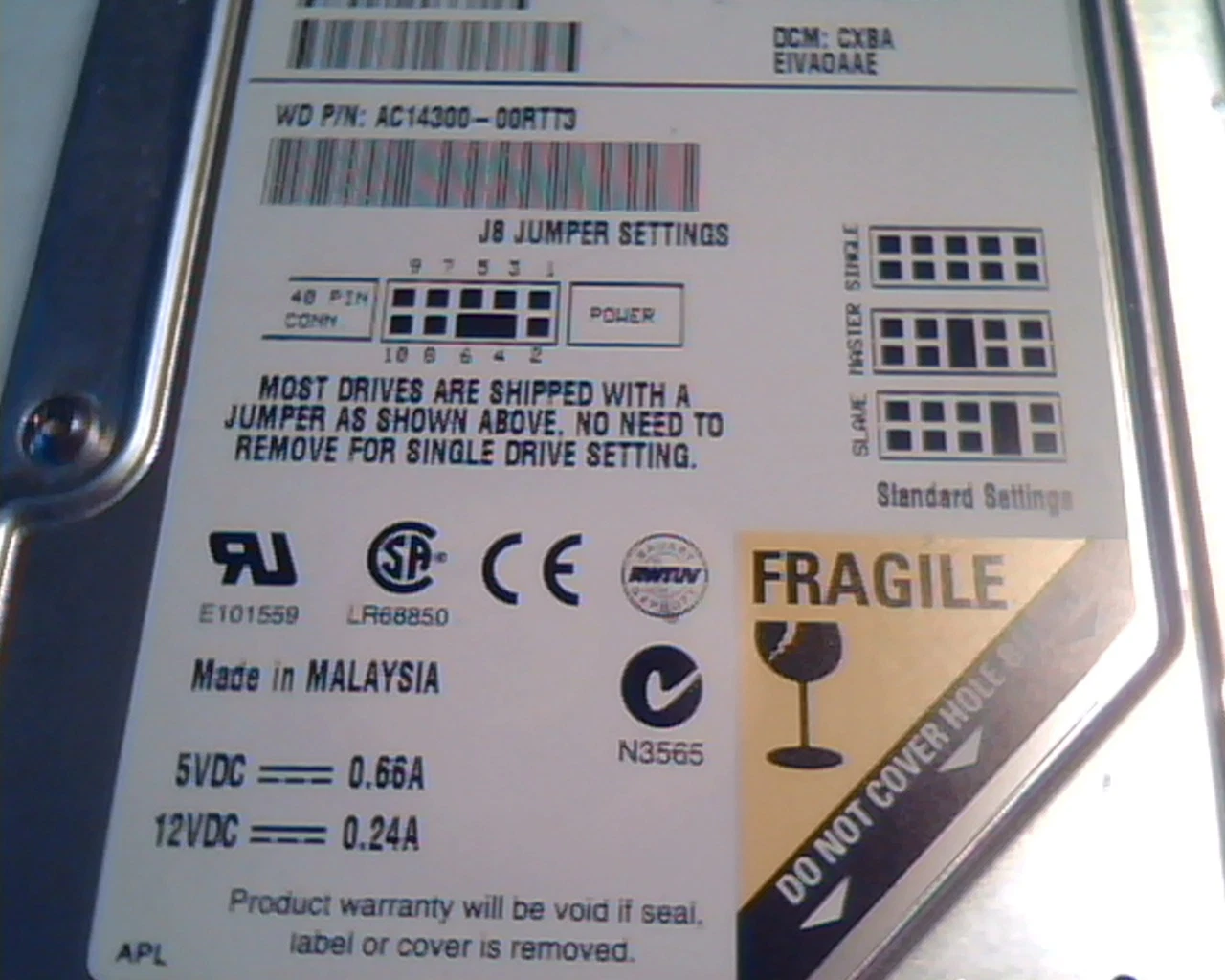 Hard Disk Drive IDE Western Digital Caviar 14300 AC14300-00RTT3 CXBA WD - image 3