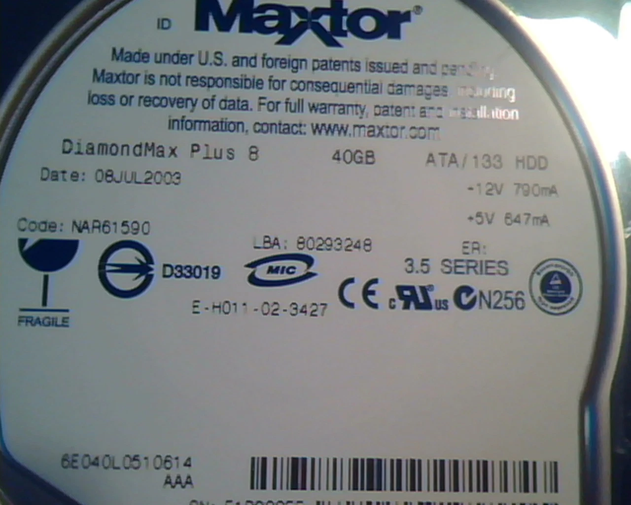 Hard Disk Drive IDE Maxtor DiamondMax Plus 8 40GB NAR61590 80293248 08JUL2003 - image 2