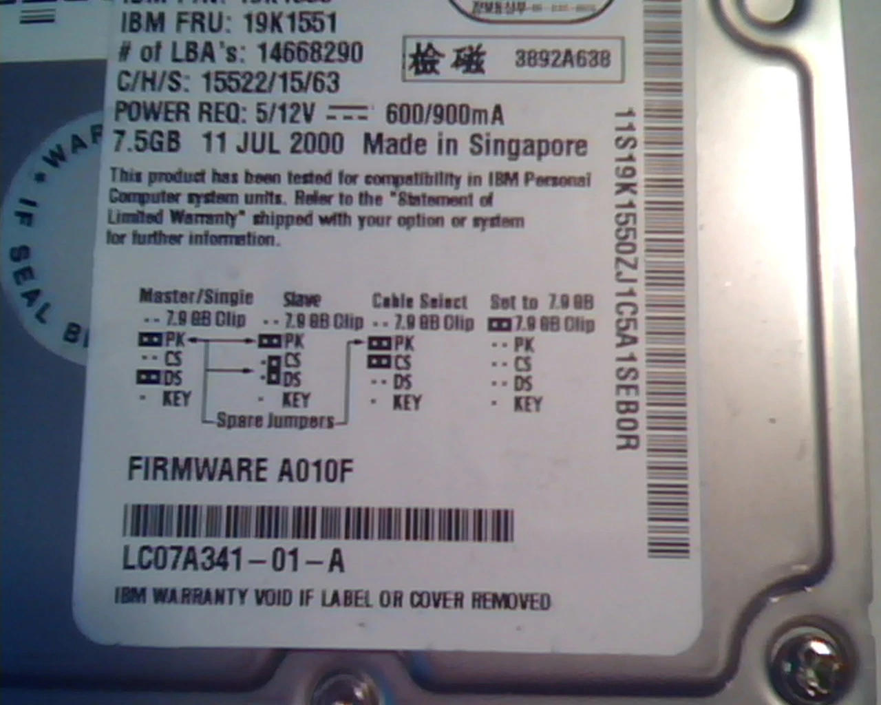 Hard Disk Drive IDE IBM Fireball lct 19K1550 QML07500LC-A LC07A011-01-A 7.5AT - image 5