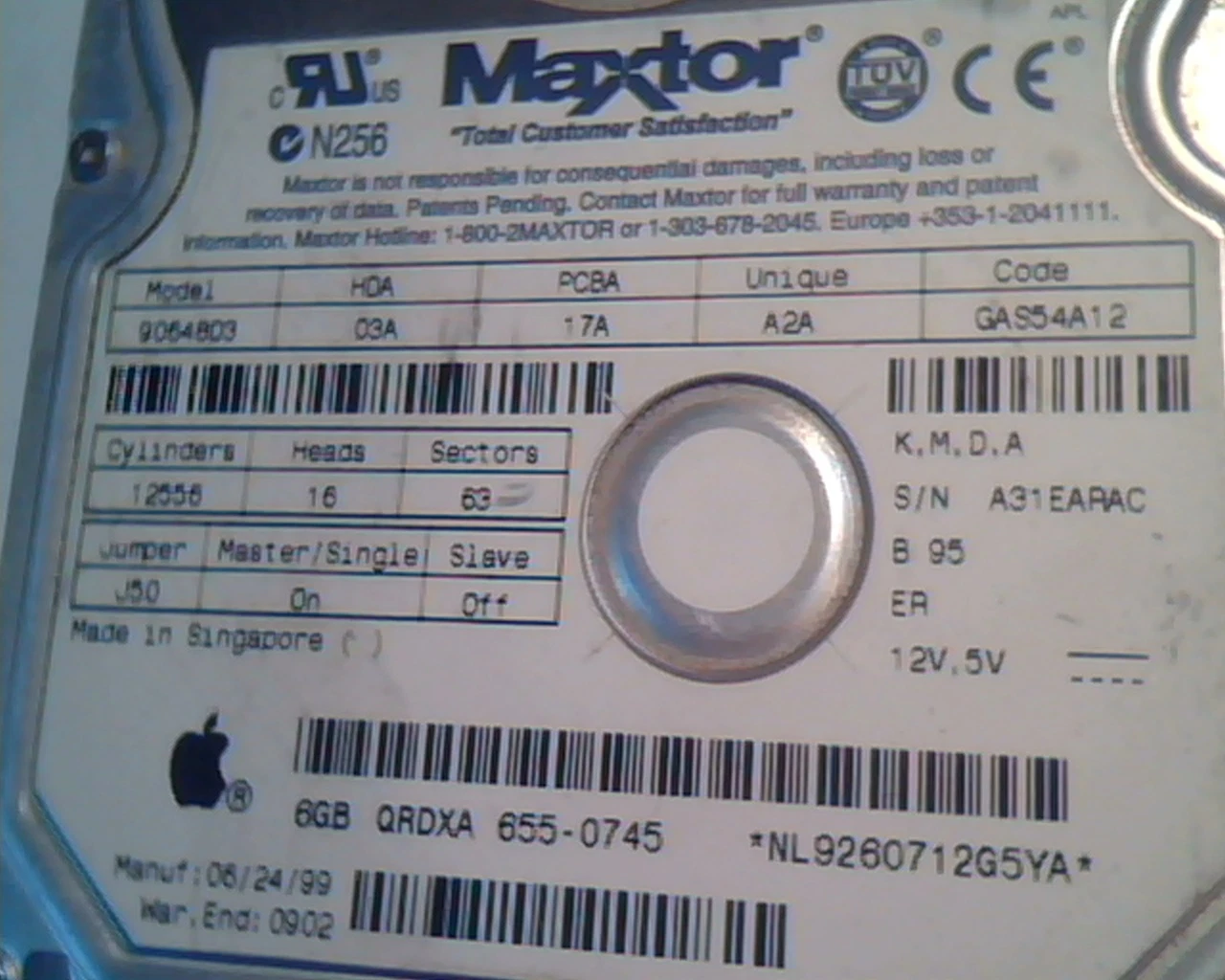 Hard Disk Drive IDE Maxtor 90648D3 03A 17A 655-0745 Apple QRDXA 6GB GAS54A12 - image 2