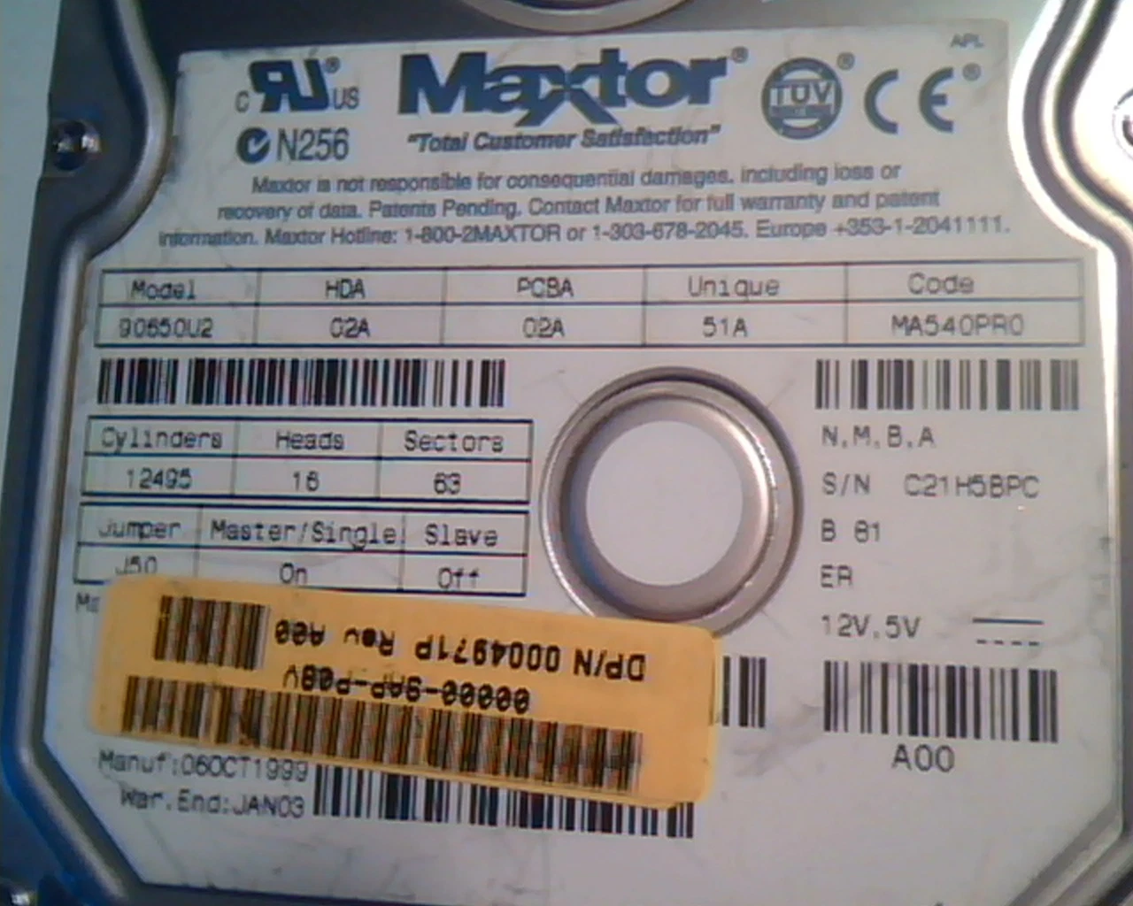 Hard Disk Drive IDE Maxtor 90650U2 02A 51A MA540PR0 0004971P 06OCT1999 - image 2