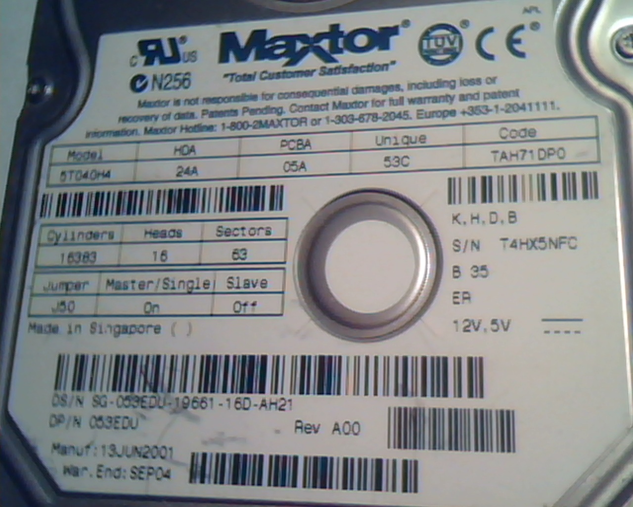 Hard Disk Drive IDE Maxtor 5T040H4 24A 05A 53C TAH71DP0 053EDU A00 - image 2