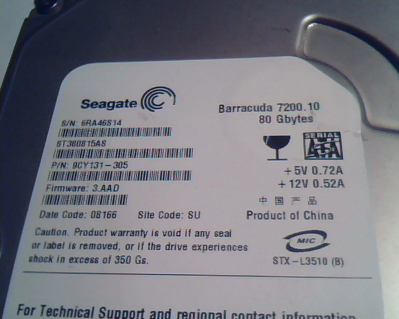 Hard Disk Drive SATA Seagate Barracuda 7200.10 80GB ST380815AS 9CY131-305 SU - image 2