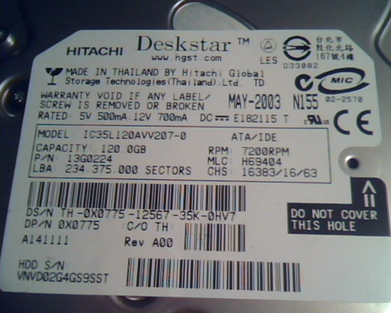 Hard Disk Drive IDE Hitachi Deskstar IC35L120AVV207-0 13G0224 H69404 0X0775 - image 2