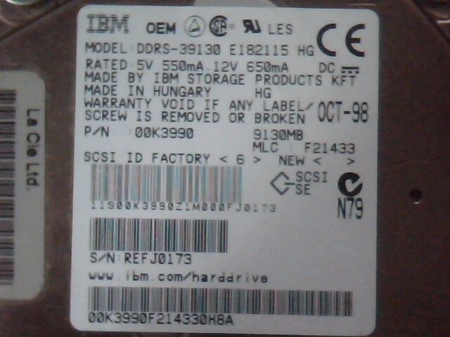 Hard Disk Drive IBM DDRS-39130 E182115 HG 00K3990 IDE
