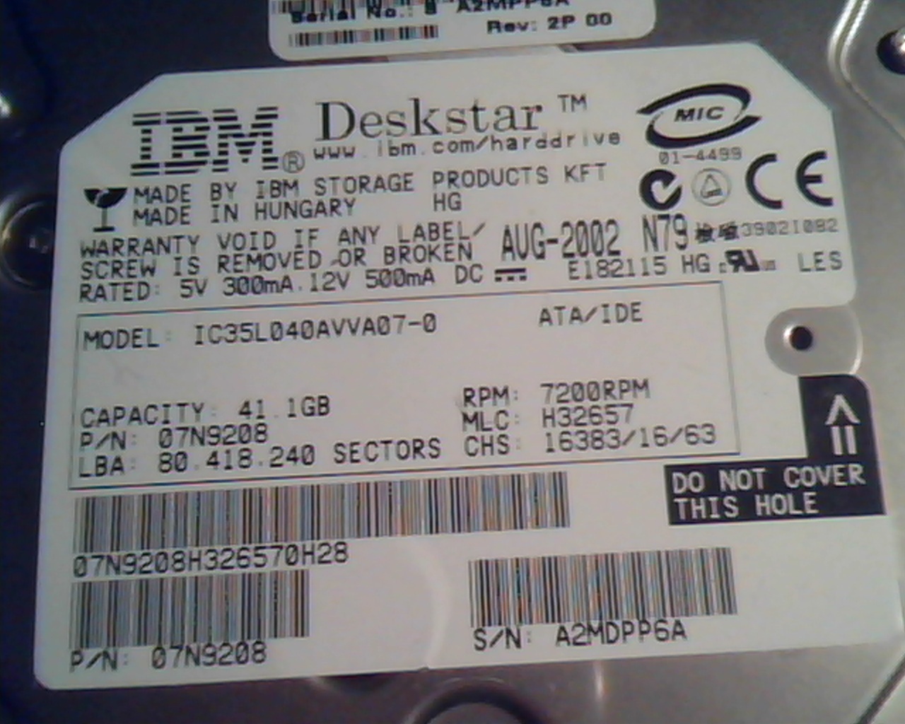 Hard Disk Drive IDE IBM Deskstar IC35L040AVVA07-0 41.1GB 07N9208 H32657 07N9208 - image 2