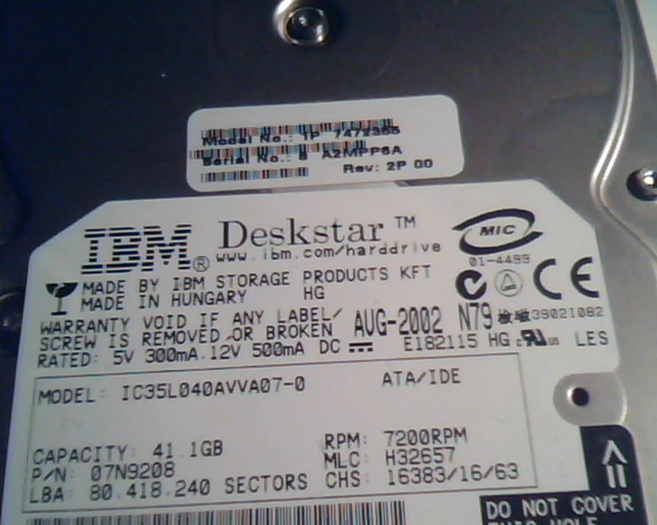 Hard Disk Drive IDE IBM Deskstar IC35L040AVVA07-0 41.1GB 07N9208 H32657 07N9208 - image 3