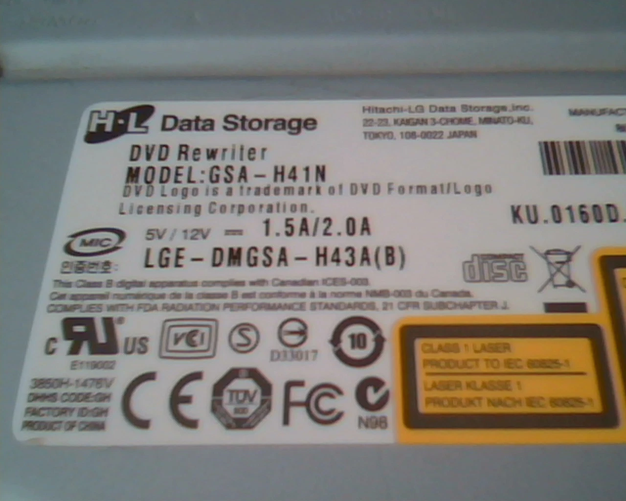 HL Data Storage DVD Rewriter GSA-H41N LGE-DMGSA-H43A RA00 June 2007 R/Rw - image 2