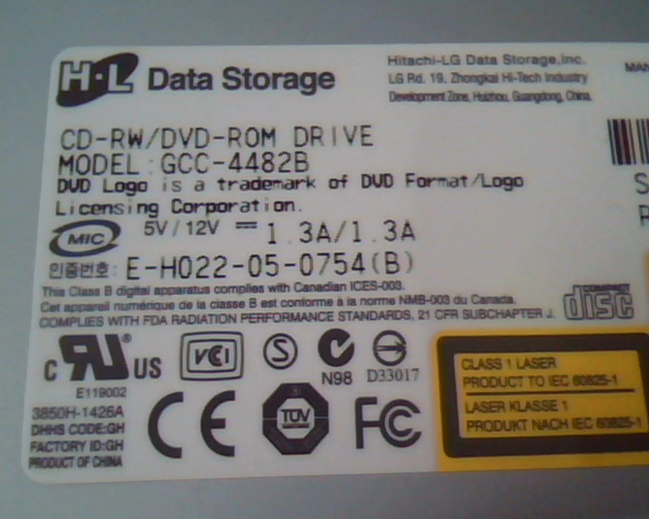 HL Data Storage CD-RW DVD ROM Drive GCC-4482B 1.00 SEPT 2005 E-H022-05-0754 - image 2