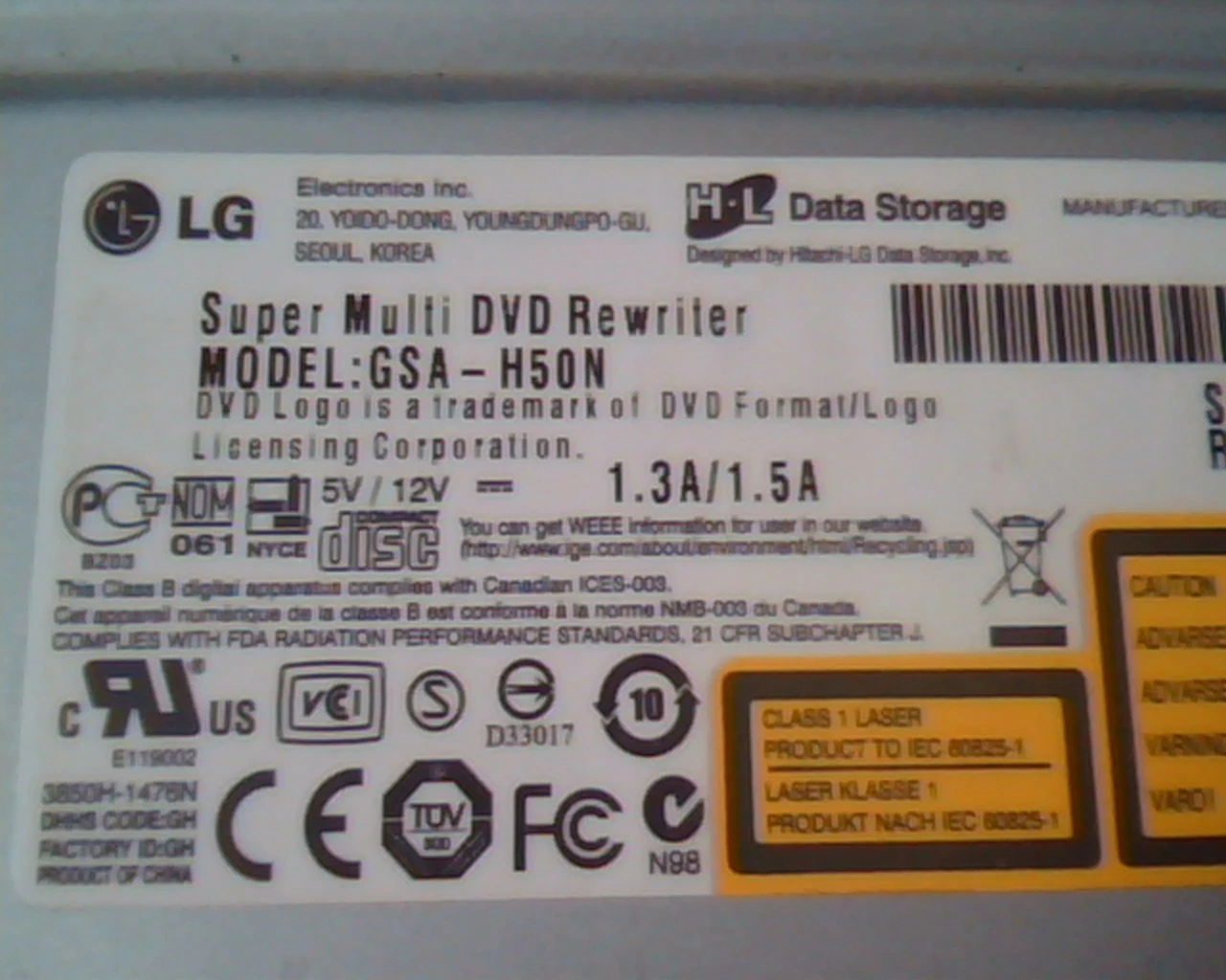 LG Super Multi DVD Rewriter GSA-H50N 1.00 February 2007 DVD CD Drive - image 2