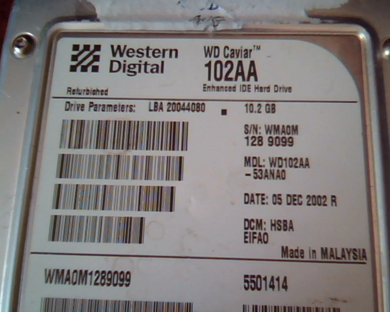 Hard Disk Drive IDE Western Digital Caviar 102AA WD102AA-53ANA0 HSBA EIFAO - image 2