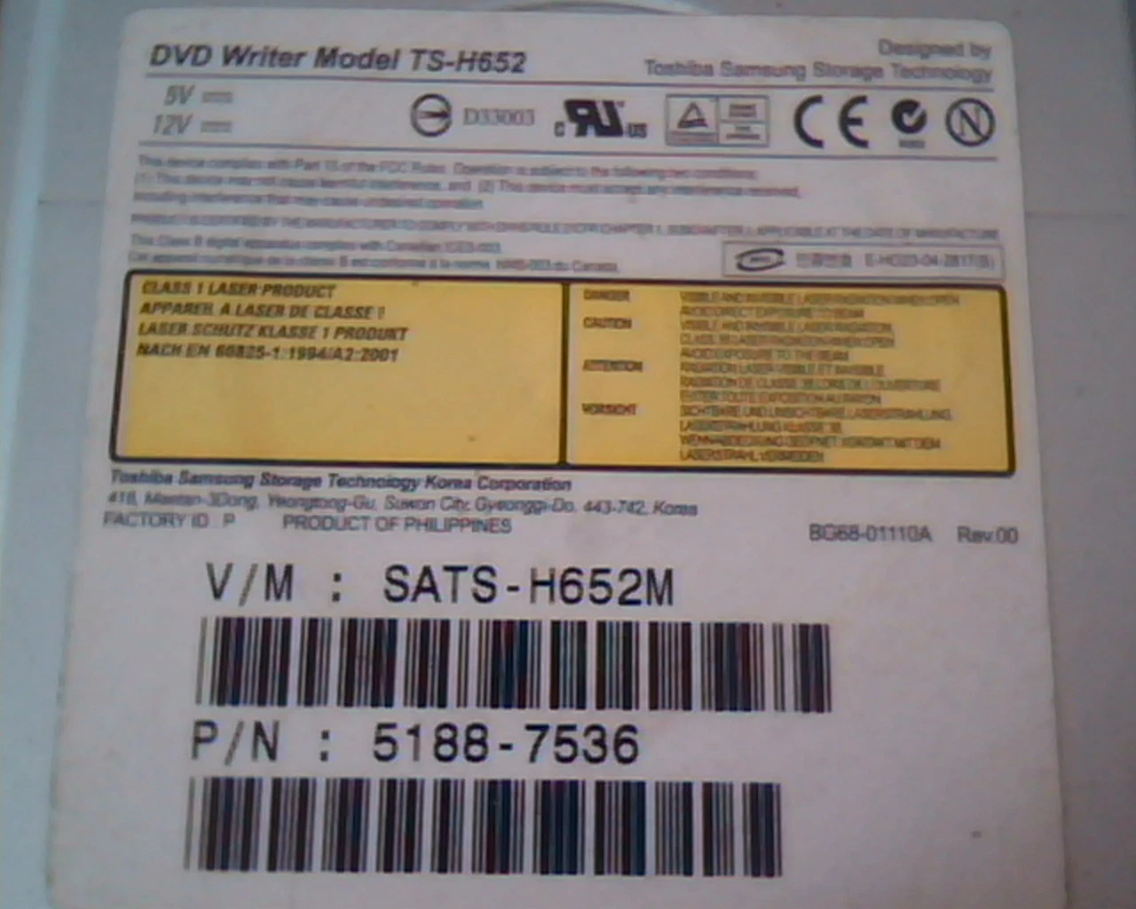 DVD Writer TS-H652 Toshiba Samsung SATS-H652M 5188-7536 March 2007 lightscribe - image 3