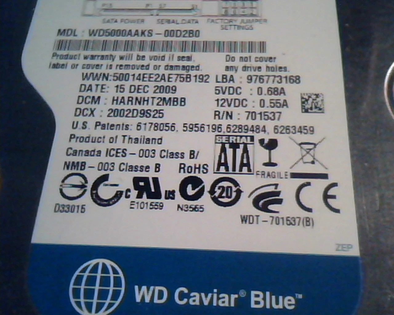 Hard Disk Drive SATA Western Digital 500GB Caviar Blue WD5000AAKS-00D2B0 - image 3