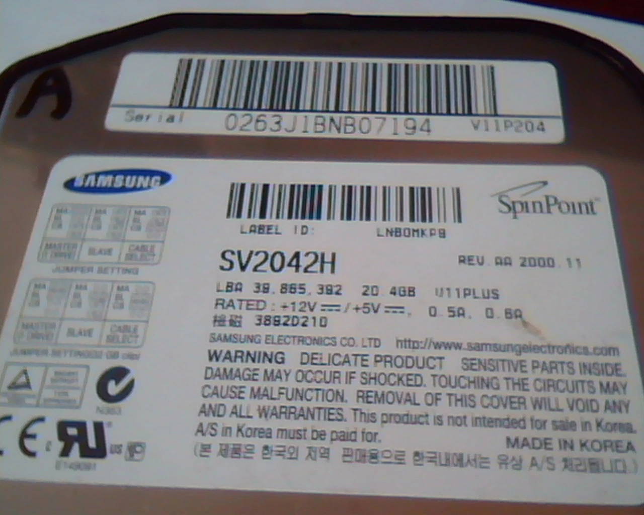 Hard Disk Drive IDE Samsung Spinpoint SV2042H 20.4GB AA LNBOMKP9 39.865.392 - image 2