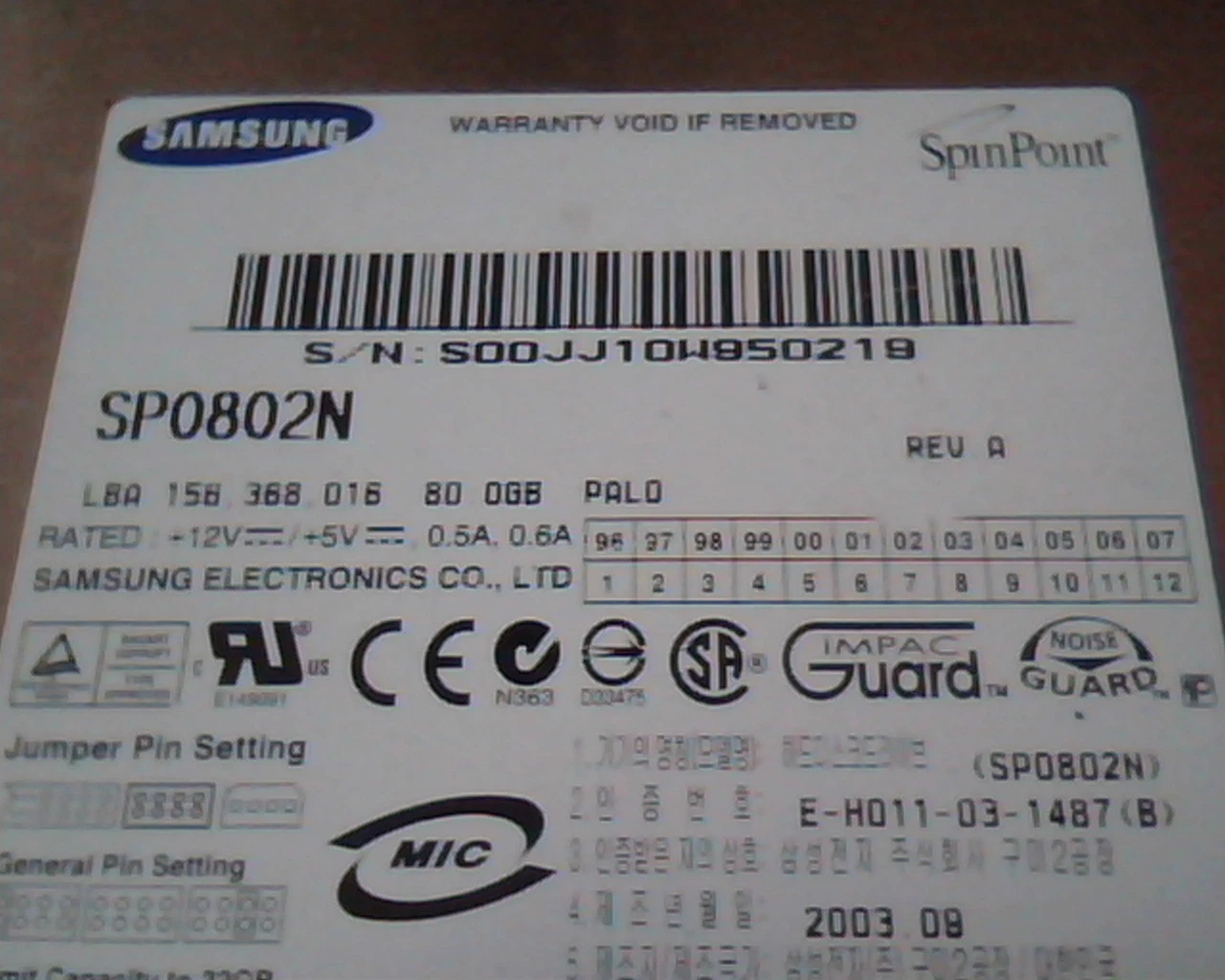 Hard Disk Drive IDE Samsung Spinpoint SP0802N Rev A 158.368.016 80GB PALO MS - image 2