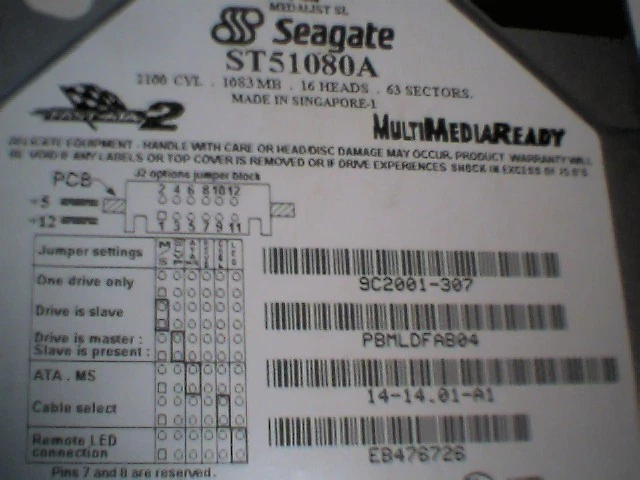 IDE Hard Drive Seagate ST51080A 9C2001-306 3.5 FastATA2 MultiMediaReady 1083MB - image 2